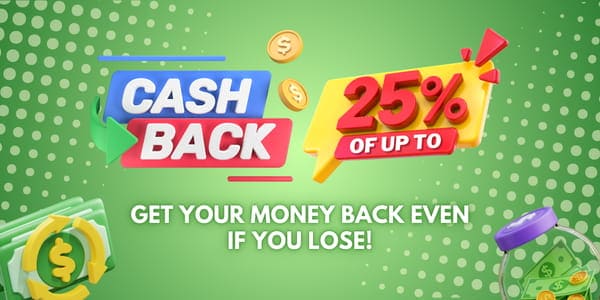 Promotional banner with lucky golden ingots, cashback badges and mobile phone mockups